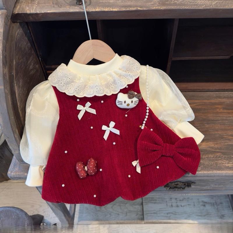 Sét Váy Nhung Xoè Dáng Bí Kèm Áo Cổ 3p Tay Dài Cho Bé Gái Kèm Phụ Kiện