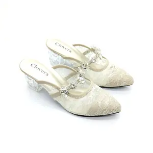 Clovers 035 Sepatu Sandal Pesta Brukat Hak Kaca 5cm untuk Wanita