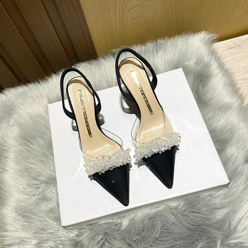 Closed Toe Sandals for Women 2023 Summer New Rhinestone Pearl Transparent Stitching Fashion Pointed Stiletto Heel High Heels Fashion