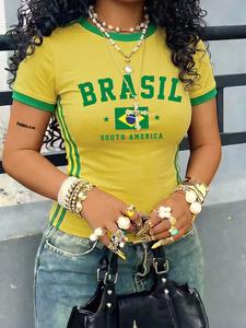 Camiseta deportiva casual para mujer con cuello redondo, a rayas, estampado de la bandera de Brasil, top versátil para todas las estaciones, estilo Y2K, moderna