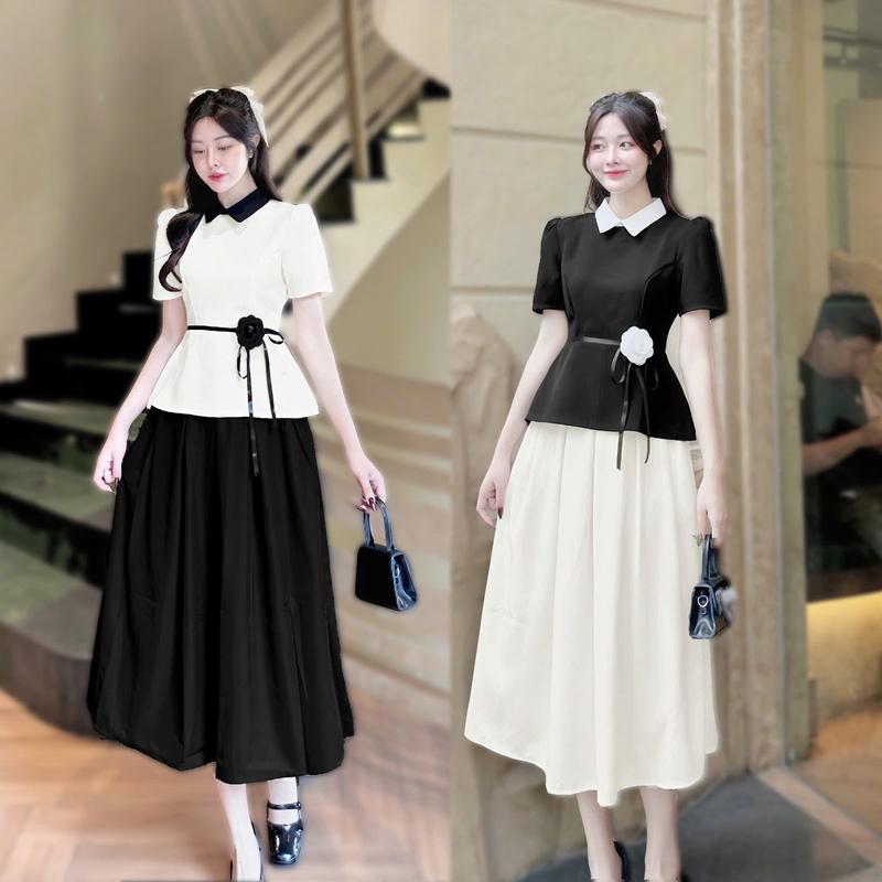 SE280- CÓ TÁCH LẺ - Set áo peplum cổ sơ mi phối kèm chân váy xếp ly midi chất vintex tuyết mưa phù hợp đi chơi đi làm đi tiệc