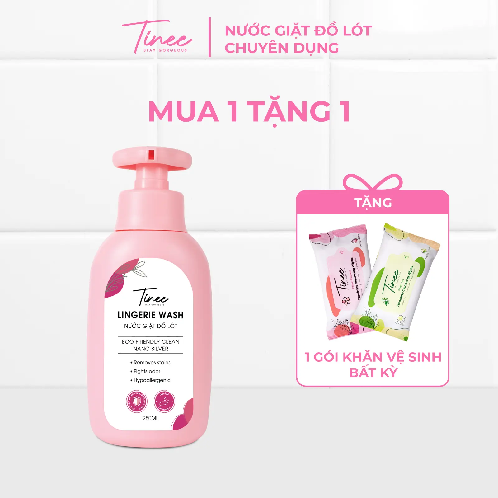 [MUA 1 TẶNG 1] Nước Giặt Đồ Lót Chuyên Dụng Tinee - Nano Bạc Hạn Chế Nấm Khuẩn (280ml/ chai) + Tặng 1 Khăn ướt vệ sinh phụ nữ