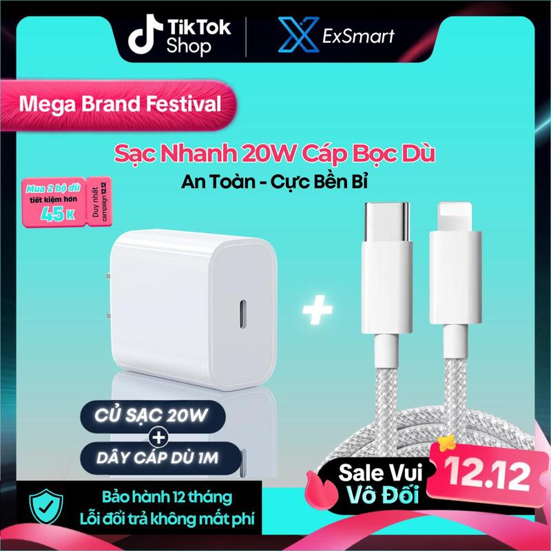  ExSmart Bộ Củ Cáp Sạc Nhanh 20w PD Cáp Bọc Dù Chống Gãy Gập Độ Bền Cao Tốc Độ Nhanh 60% trong 30 phút Bảo Vệ Pin An Toàn Cho Điện Thoại 