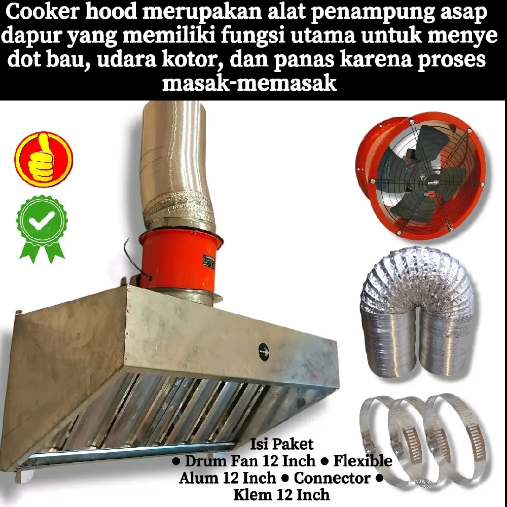 Paket Cooker Hood 120cm + Drum Fan High Speed Cooker Hood Penampung Asap 1,2m Drum Fan High Speed 12" Galvanis