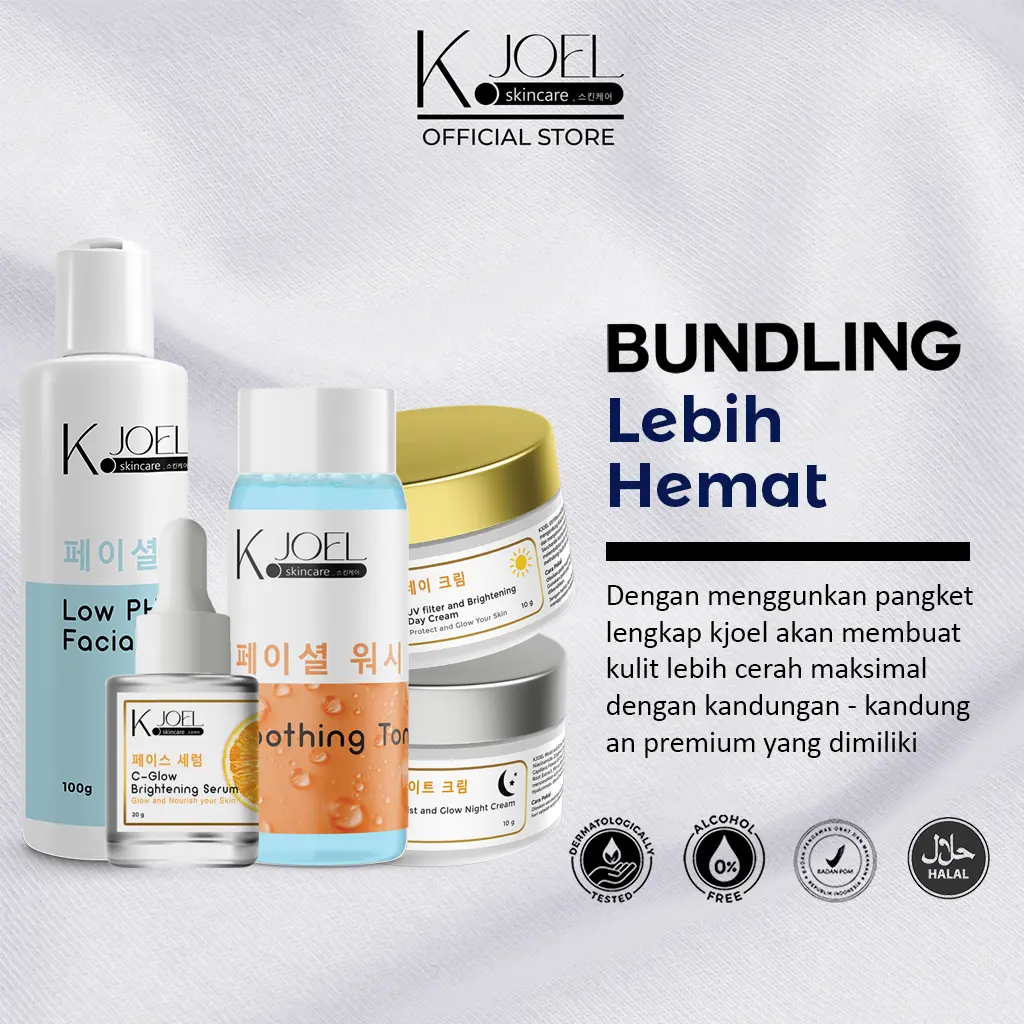 J.  KJOEL - Paket Bundling Day Cream + Moist & Glow Night Cream + Serum Vit C + Toner Wajah + Facial Wash