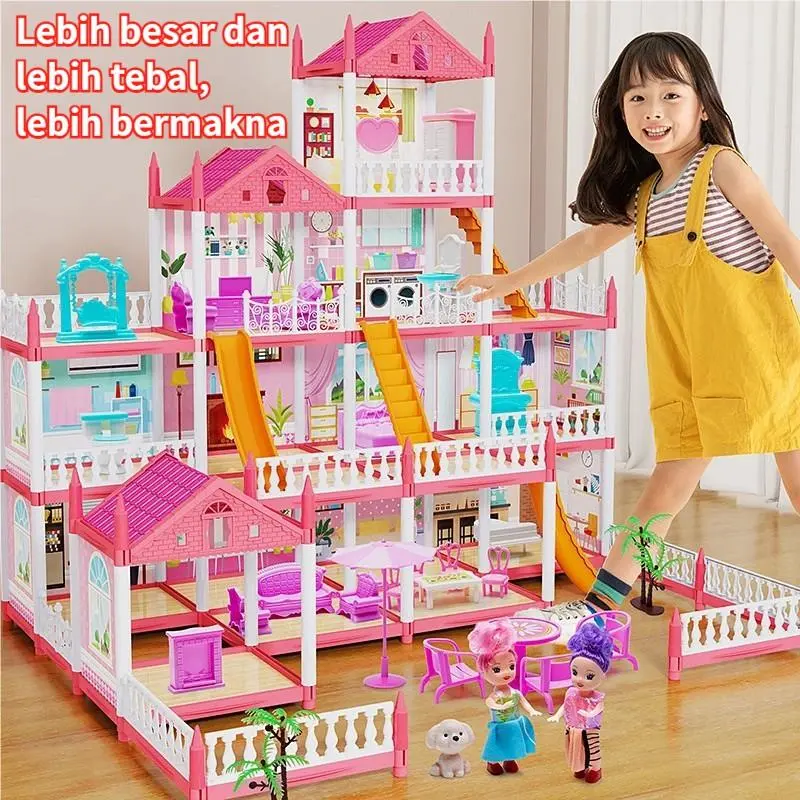 Mainan Anak DIY 3D Princess Kastil Villa Rumah Boneka Dengan Lampu Untuk Anak Perempuan