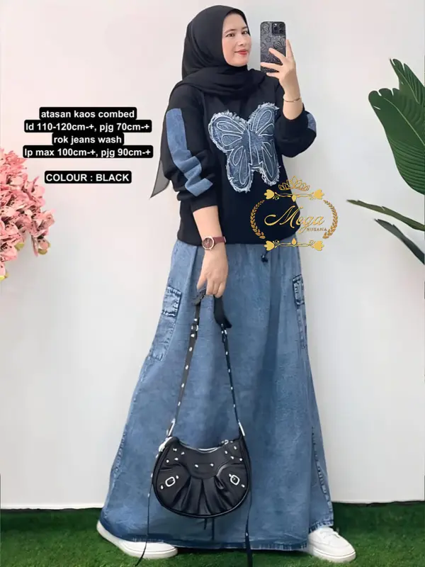 Setelan Wanita Motif Kupu Rok Jeans Wash Saku Kana Kiri Atasan Kaos Combed Premium Terlaris 1
