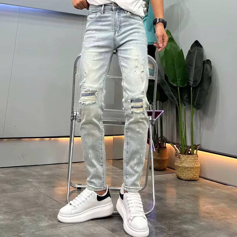  Quần jean dài nam màu xanh kiểu rách có lót miếng vá chất bò co dãn nhẹ from skinny QA92 mới Menswear Pants 