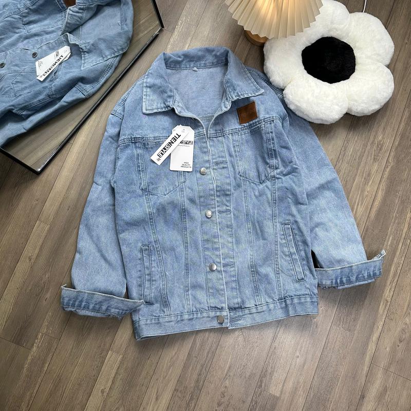 Áo khoác jean nam nữ form rộng logo mạc nâu bigsize 3 màu, áo khoác bò dài tay phong cách unisex Top Jacket