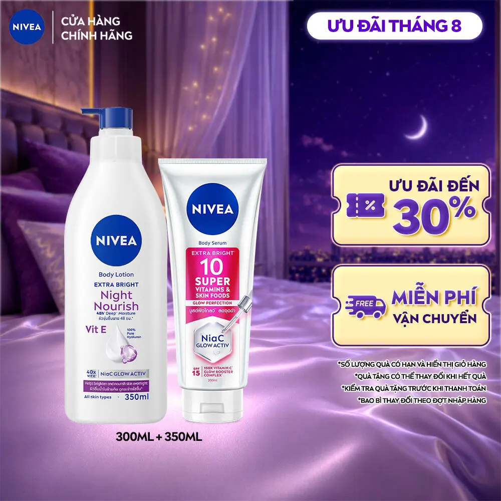 Bộ Đôi Tinh chất Dưỡng Thể Nivea 10 Super Vitamins Sáng Da Mờ Thâm & Đốm Nâu (300ml) & Sữa Dưỡng Thể NIVEA Dưỡng Sáng Mịn Da Ban Đêm (350ml) - 93824+98412