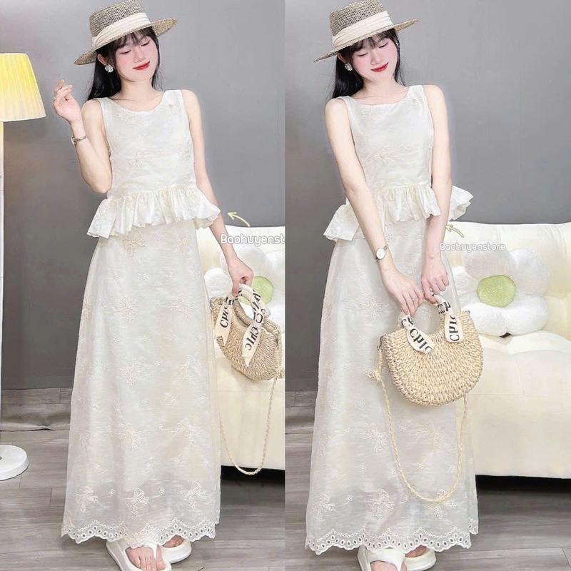 Set áo cỗ tròn phối bèo chân váy dài ren hoa chất qc cao cấp váy chouchou đi tiệc
