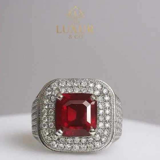 Cincin titanium cowok garnet natural asli