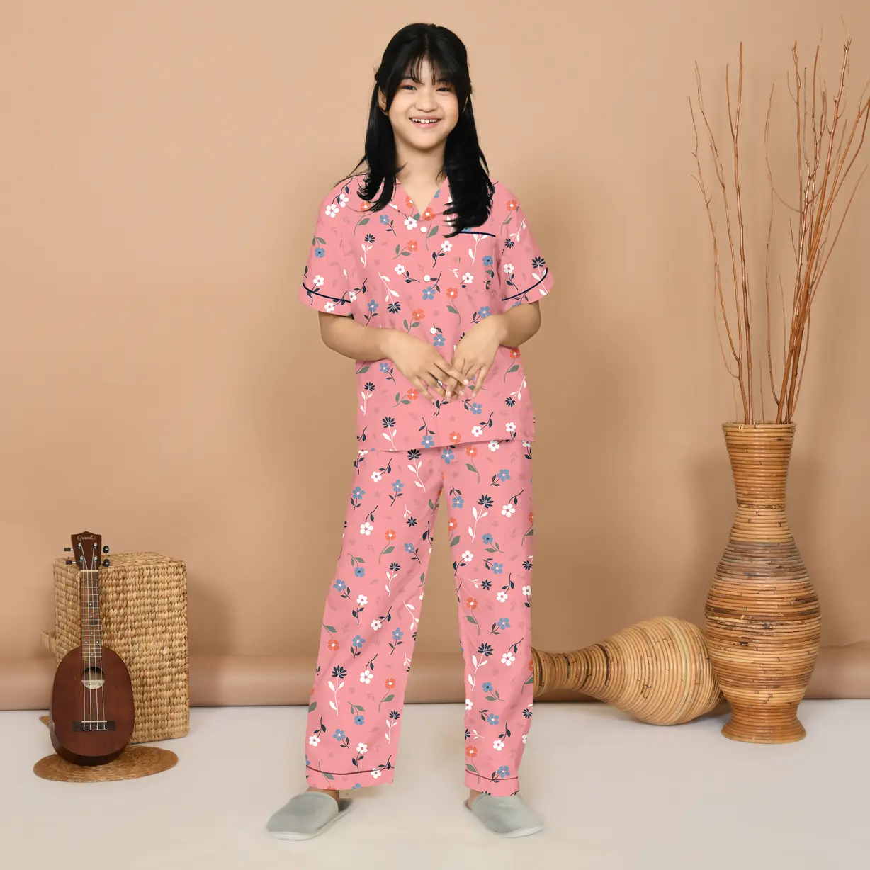 Nyenyak Piyama Anak Perempuan 8 - 12 Tahun Bahan Katun / Setelan Baju Tidur Celana Panjang Motif Karakter Cewek -AMS