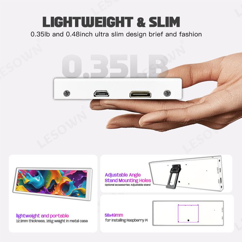Product Introduction of LESOWN 7.9 inch 400x1280 IPS Bar LCD HDMI Wide Display Touch 500Nits High brightness 7.84 Long Stretched Secondary Monitor White 5
