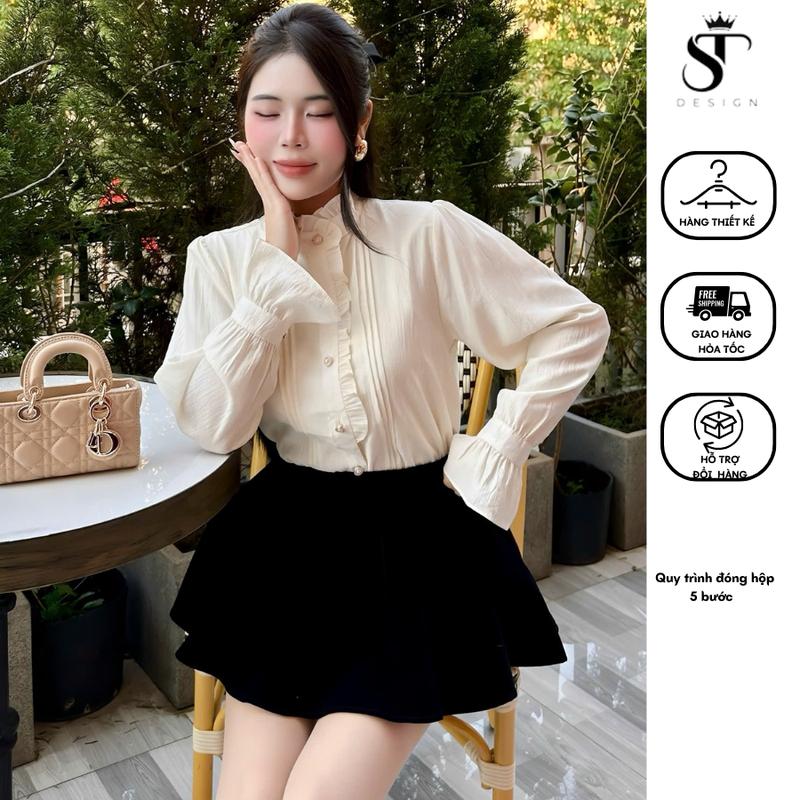 Áo sơ mi MÀU KEM tay bồng viền bèo tiểu thư phong cách thanh lịch trẻ trung- chất Tơ cao cấp nhập từ QC - ST Design - S07