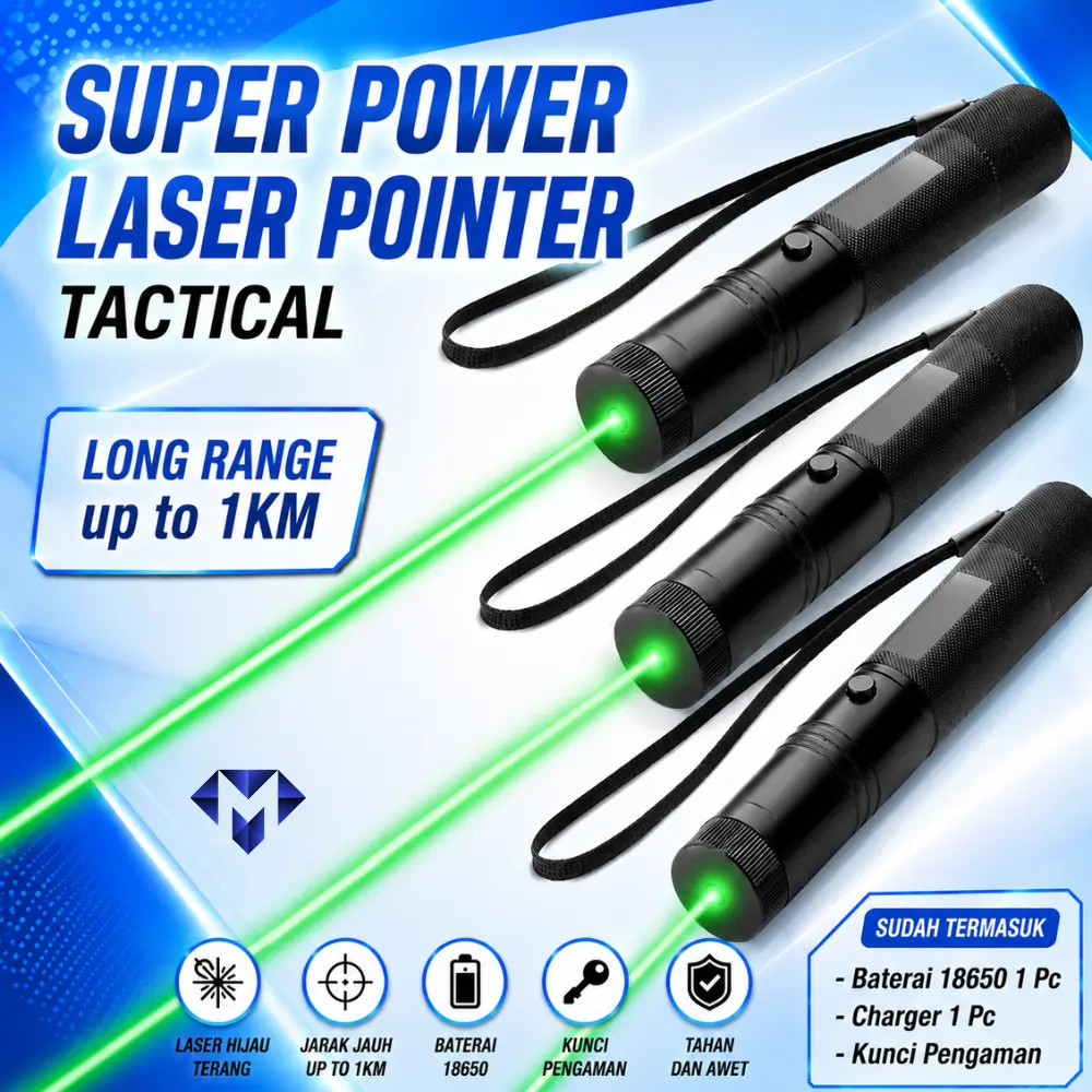 Super Power L4ser  Pointer Green Beam (Bahan metal) Laserpointer Tanpa kabel Jarak Jauh Fullset