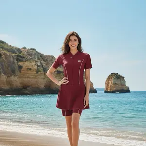 ARswimwear Baju Renang DIVING ROK Tangan Pendek & Cup BH Lapisan Polos untuk Dewasa DVRD-02 Terbaru Elegan dengan Garis Putih Mewah Muslim Wanita Bahan Spandex Asli Resleting Depan - Panjang