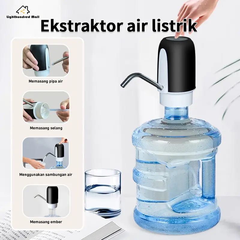 Lighthundred Pompa Galon Elektrik Otomatis / Automatic Water Dispenser / Dispenser Air Minum Gallon Usb Charger / Electric Water Bottle Pump Hitam Mesin Kabel Stainless dispenser  air charger  dispenser automatic  water selang  dispenser  untuk dispenser 0