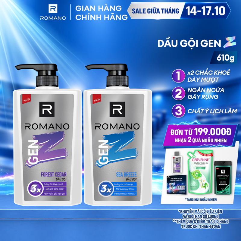 Dầu gội Dưỡng Tóc cho nam Romano Gen Z Hương Sea Breeze/ Forest Cedar 610g/ chai
