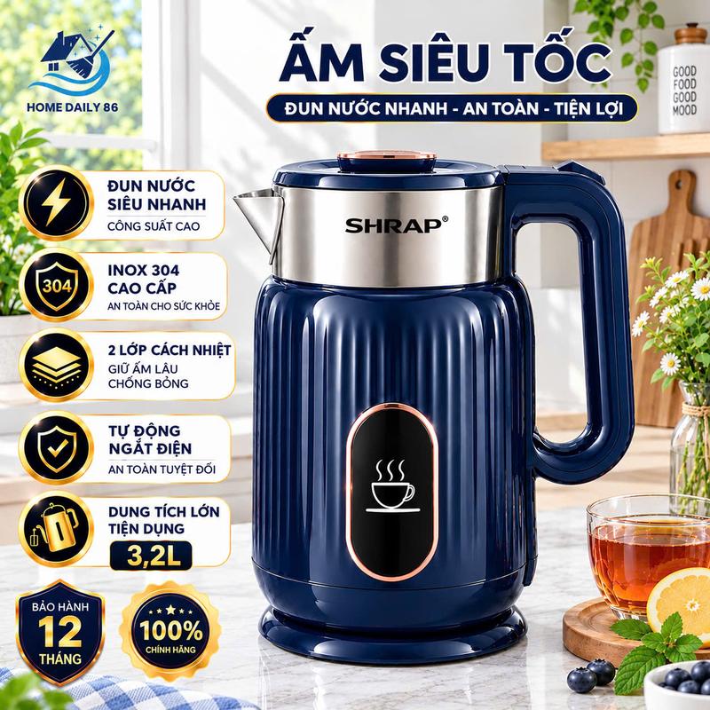 Ấm Đun Nước Siêu Tốc Mẫu Mới SH-86, Ấm Đun Nước Dung Tích 3,2L Tự Động Ngắt Khi Sôi, Công Suất Cao, Khóa Nắp An Toàn, Tiện Lợi Cho Các Gia Đình.
