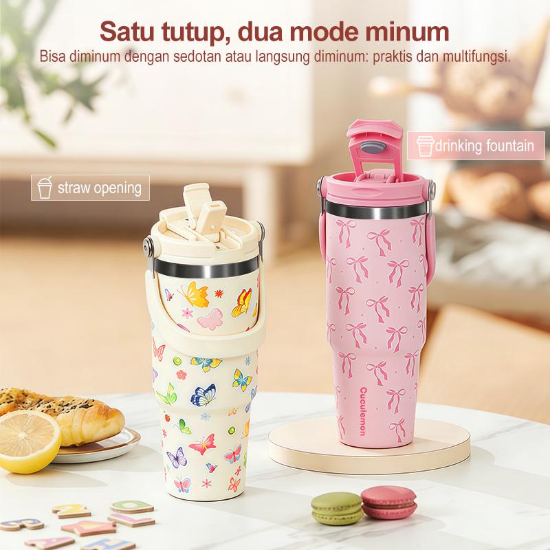 CucuLemon Tumbler Stainless Vacuum 890ML Botol Minum Besar Termos Anti Kebocoran Desain Kupu-Kupu Cantik & Merah Muda Pita
