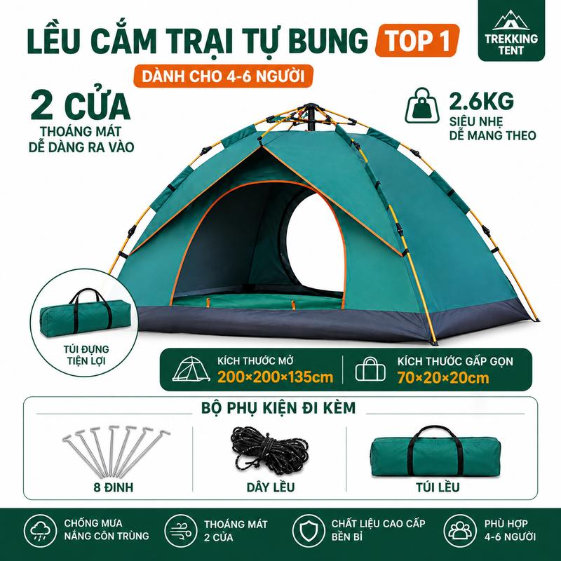 Lều Cắm Trại Tự Bung 3 Giây 4 Cửa Thoáng 3-4 Người 2x2m | Chống Mưa Chống Nắng…