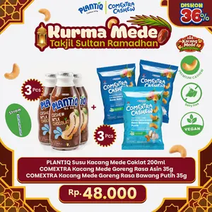 Kacang Mede Asin (2 Pcs) & Bawang (1 Pcs) Goreng 35 Gr + 3 Pcs Susu Kacang Mede Coklat 200 ml - Paket Takjil Sultan COMEXTRA x PLANTIQ - Zero Cholesterol - Non Dairy Milk Lactose Free