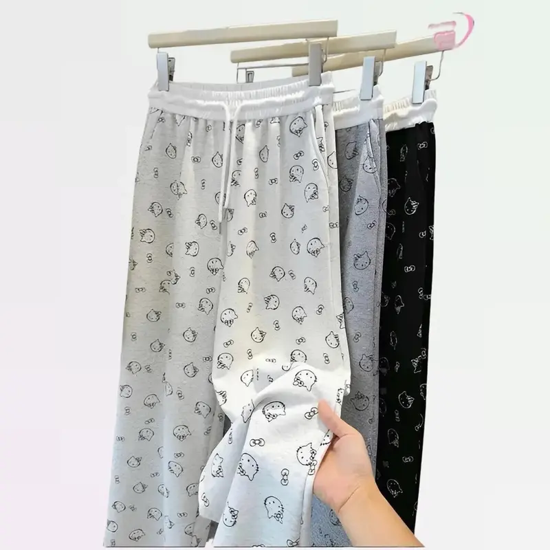 Quần ống suông họa tiết mèo hello kitty mặc nhà quần  dài  nữ quần  suông  nấm  lùn 0