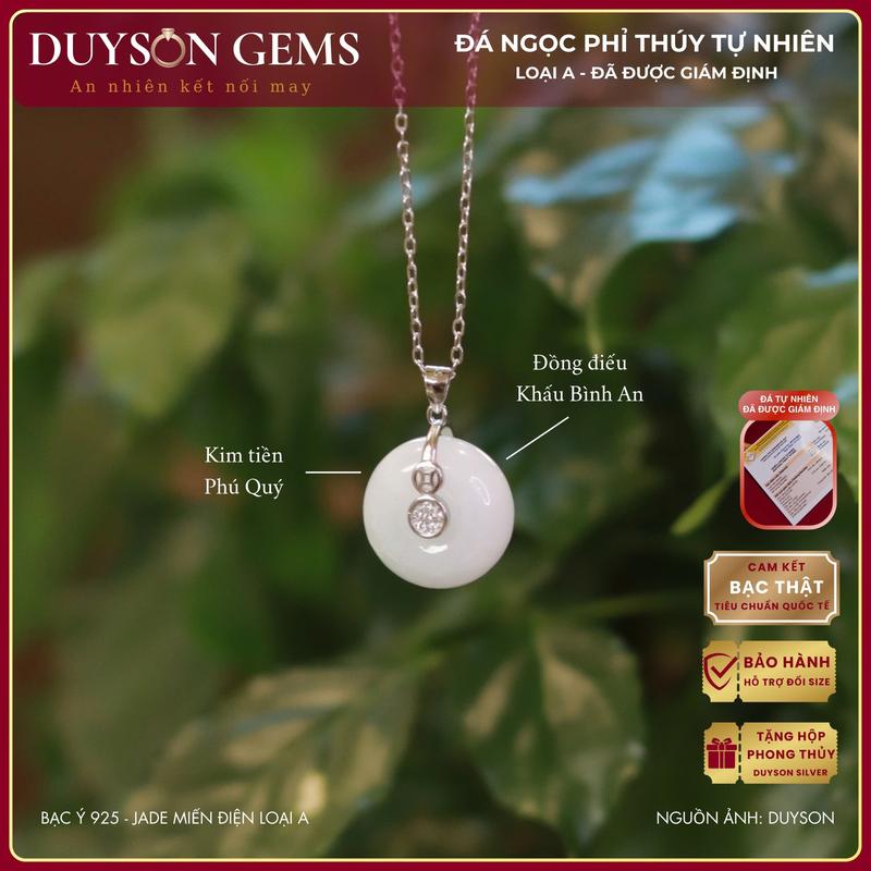 Dây chuyền phỉ thúy bạch ngọc tự nhiên Jade Type A đồng điếu khấu bình an mix kim tiền dây bạc 925