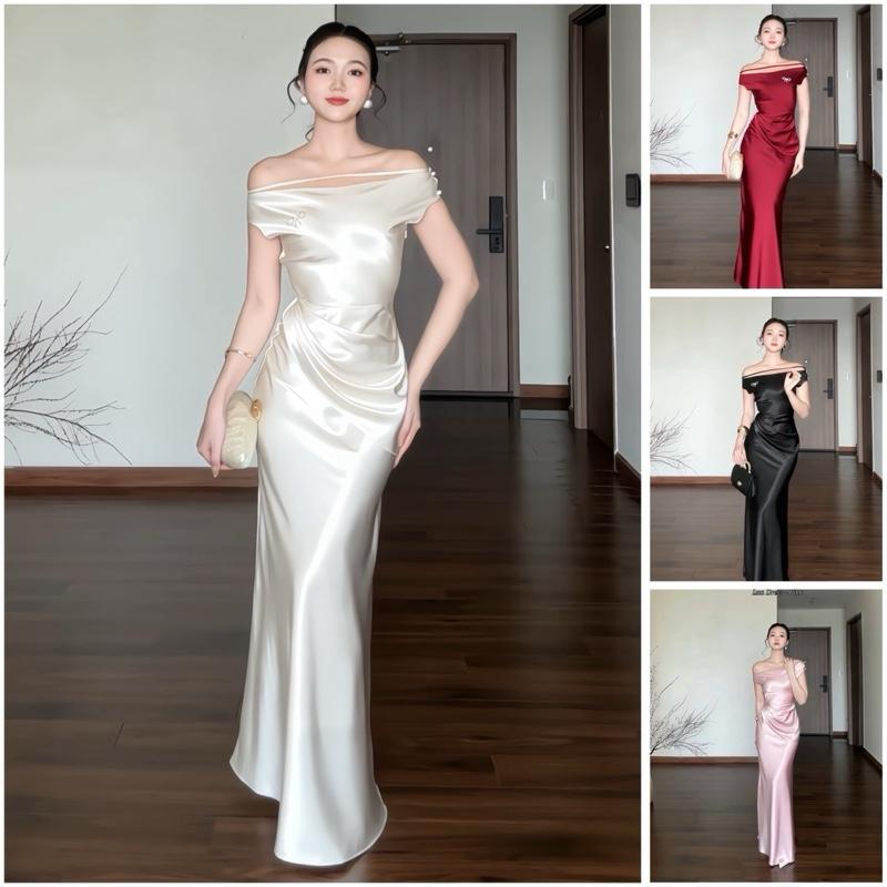  Lua Dress Wonderhouse Đầm thiết kế xéo vai chất vải lụa sang trong  phù hợp cho các buổi tiệc kèm 1 cài nơ đá như ảnh 