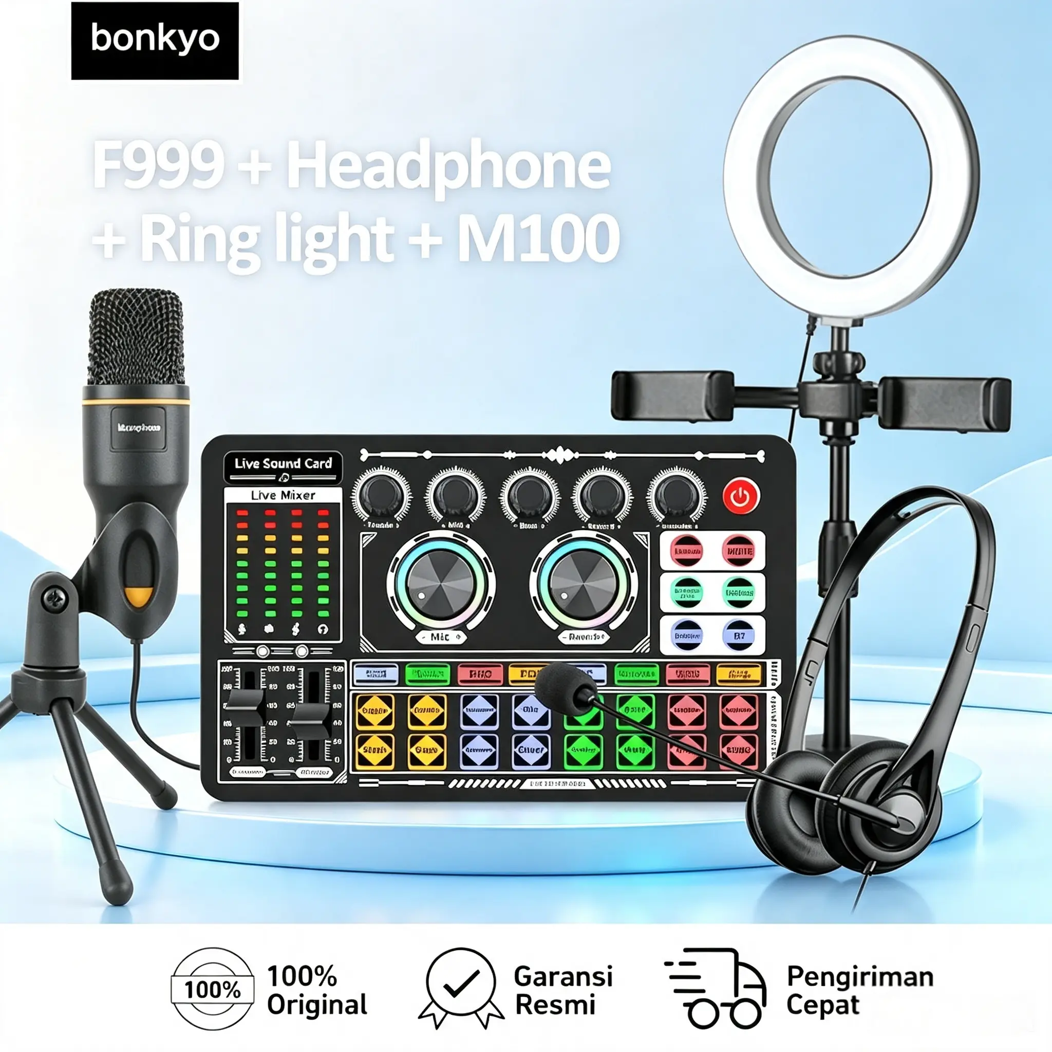 Bonkyo F999+M100+ Headphone Berkabel SY490MV dengan Sound Card Mixer untuk Live Streaming TikTok Karaoke Rekaman Lagu Profesional COD