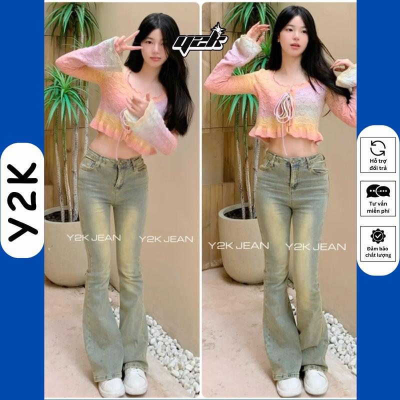 LOE NẤM LÙN Quần JEAN ống loe nữ lưng cao bò rin co giãn jeans cạp cao màu phủ dơ vintage Y2K Women Pants CHO NẤM LÙN