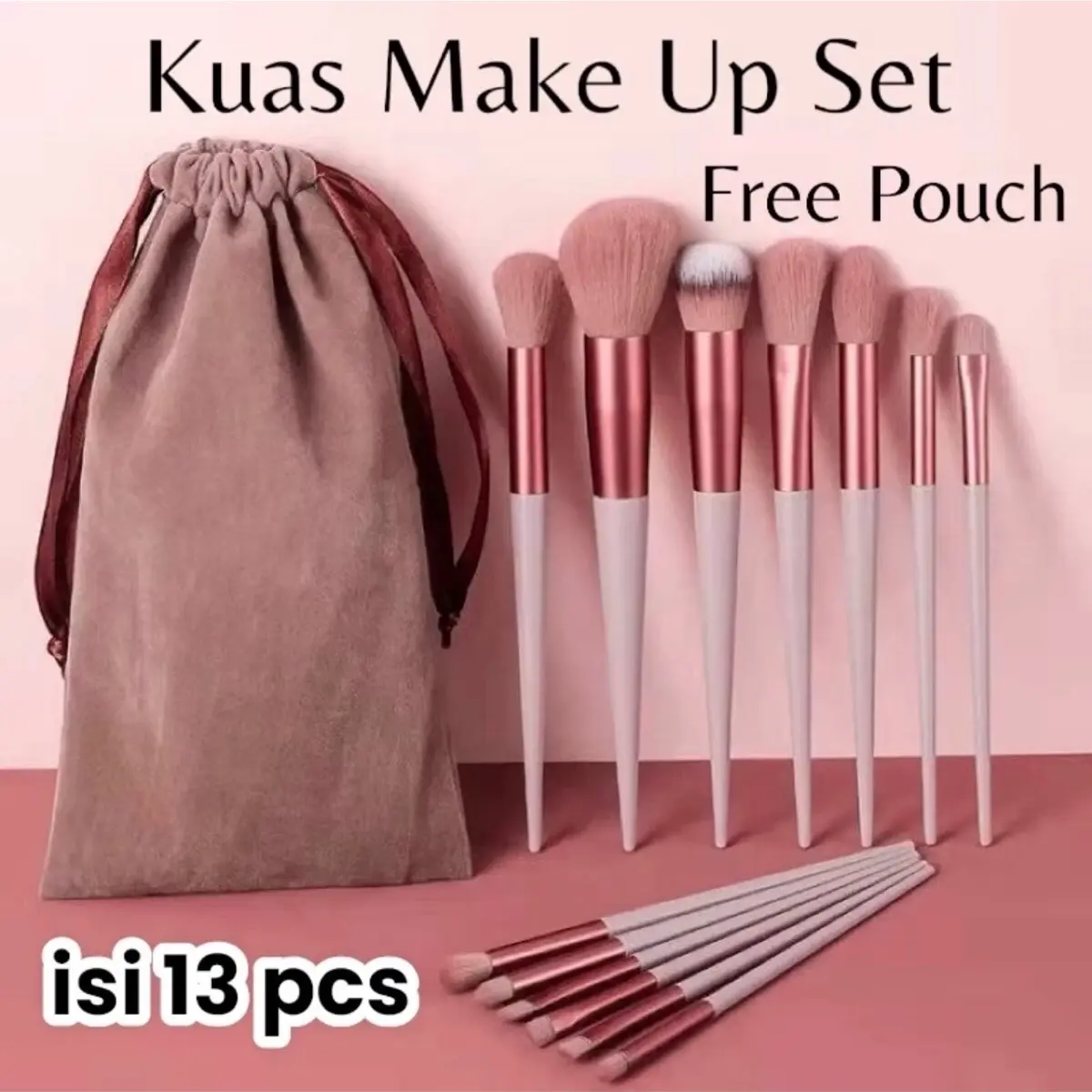￼Kuas Make Up Set isi 13 Pcs FREE POUCH Kuas Make Up Brush 13pcs Bulu Sintetis Make Up Brush Mini Travel