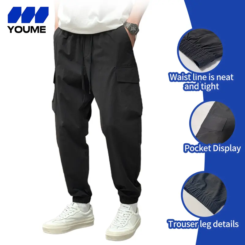YOUME Stylish Drawstring Black Waist Cargo Joggers for Men with Multiple Pockets