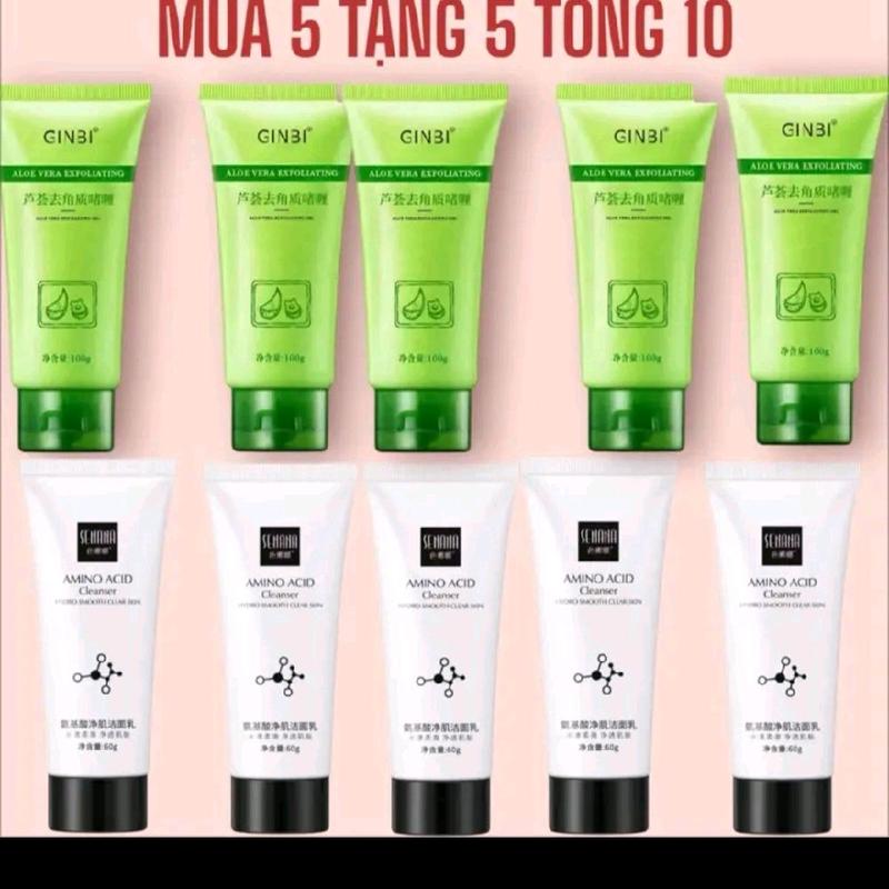 Combo 10 Tuýp - Mua 5 Sữa Rửa Mặt Làm Trắng Da Amino Acid SENANA tặng 5 Tuýp tẩy da chết Ginbi