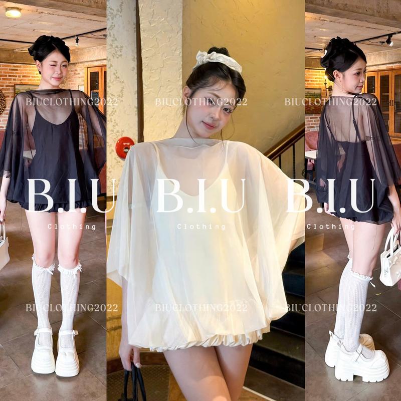   <1m6  Set 2 món đầm dây body tà nhún bí phối áo choàng lưới sexy sang chảnh Kier Set Biu Clothing BB0528 
