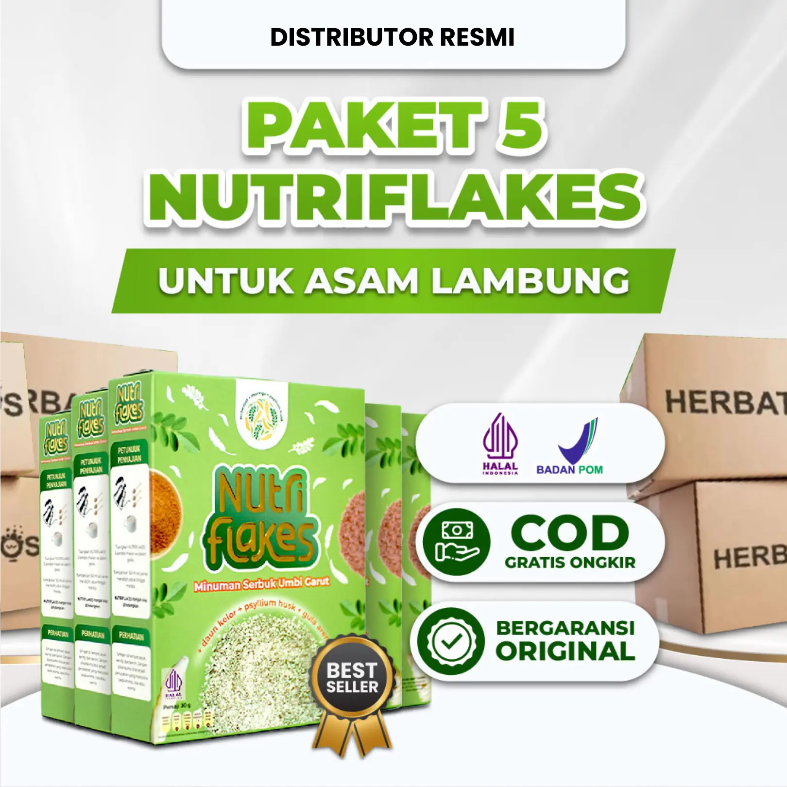 Paket Isi 5 Box Nutriflakes Original Sereal Dari Umbi Garut Untuk Asam Lambung Halal MUI BPOM