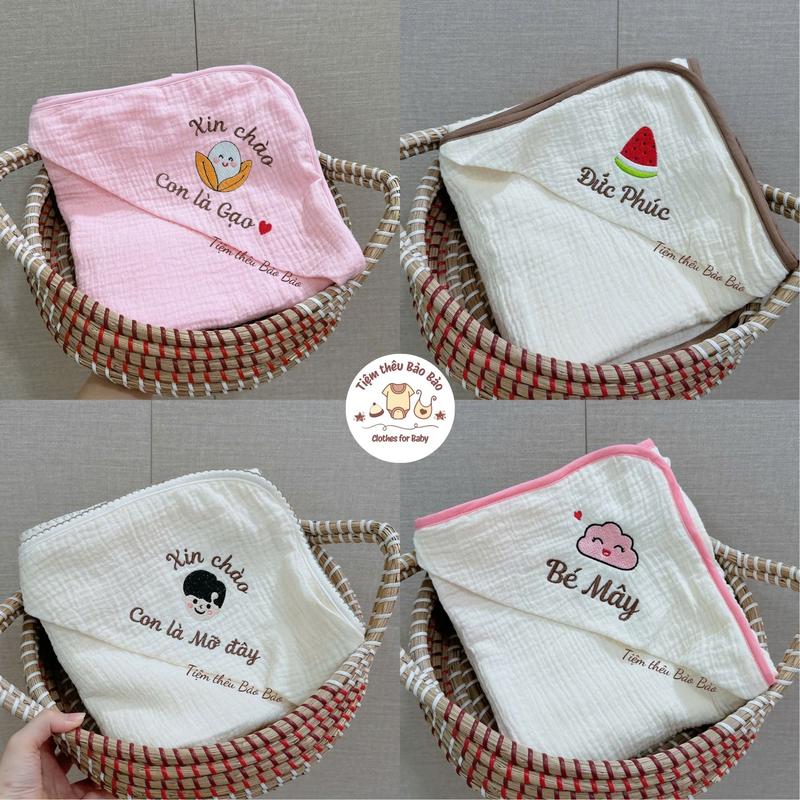 (Hàng Thêu) Ủ Choàng XÔ MUSLIN, HẠT ĐẬU Thêu Tên Kích thước 75x75cm Theo Yêu Cầu Cho Bé Sơ Sinh