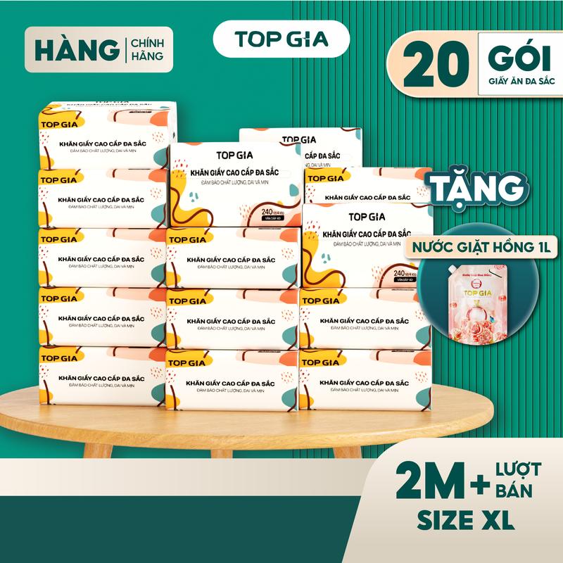(TẶNG NƯỚC GIẶT HOA HỒNG) Thùng 20 Gói Giấy Ăn Cao Cấp Topgia Đa Sắc Tặng 1L nước giặt hương hoa hồng cao cấp, Khăn Giấy Dập Vân 4D, 4 Lớp, Dai, Mềm Mịn, Khăn Giấy Vệ Sinh, Khăn Giấy Gia Đình Đa Năng. ĐẠT QUY CHUẨN CỦA BỘ CÔNG THƯƠNG. (LHN) (VH1)