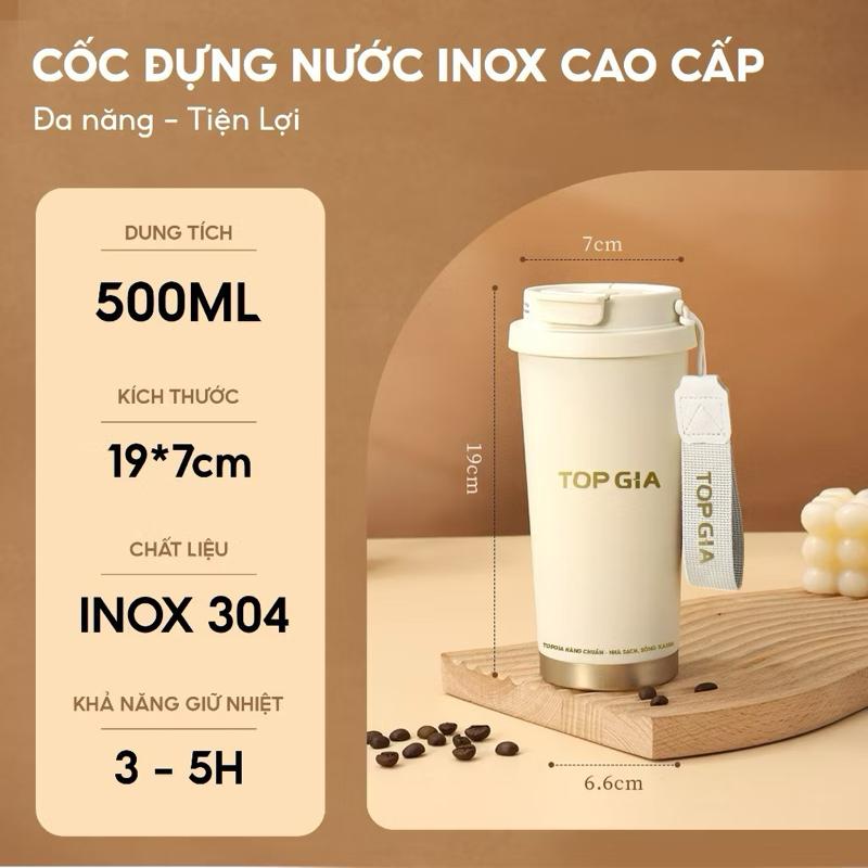 Bình giữ nhiệt 500ml TOPGIA cao cấp, inox 304, Thiết Kế Nắp Thông Minh Tiện Lợ