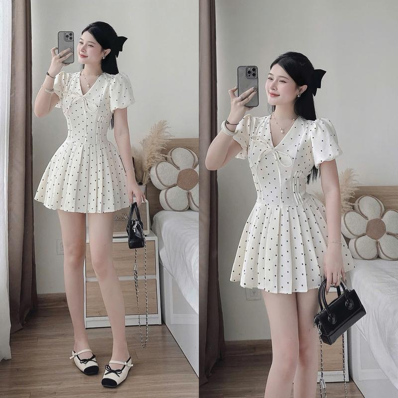 Đầm váy nữ tiểu thư thiết kế cổ chữ V tay ngắn bồng họa tiết chấm bi dáng xòe xếp ly [Có Lót Quần] xinh xắn dành cho các nàng diện đi chơi, đi tiệc.