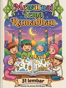 [30 Lembar] Worksheet Mewarnai Anak Tema Ramadhan Size A5 Kertas 80gsm - Lembar Mewarnai Islami
