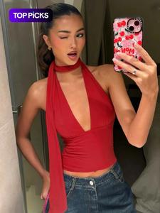 Top corto camisola liso con cuello halter y amarre en la espalda, Top sin mangas casual para uso diario, Ropa de damas para todas las estaciones, Atuendos casuales para mujeres, Atuendos para fiestas