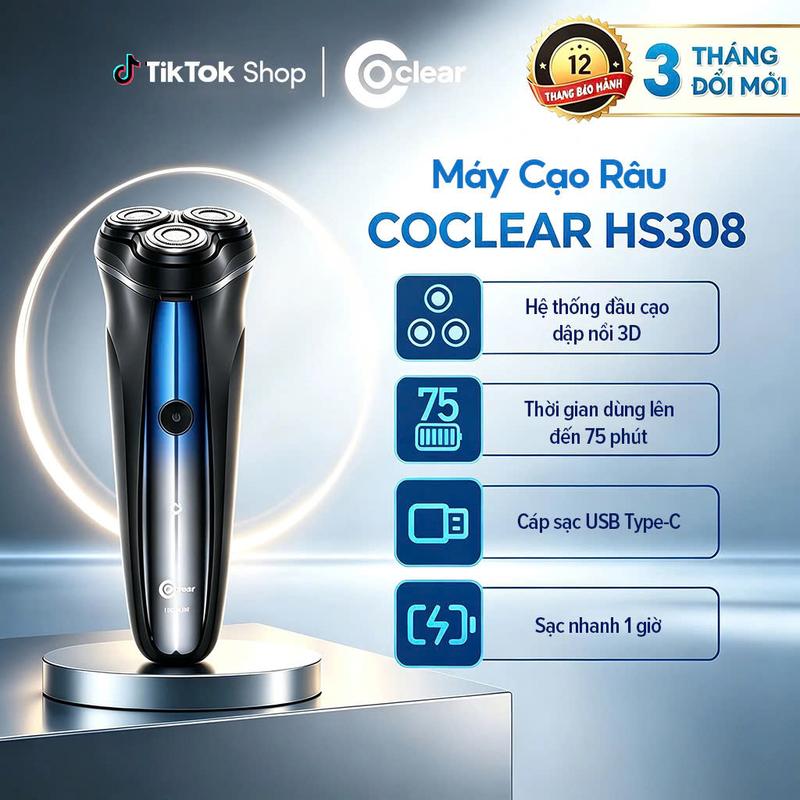 máy cạo râu điện Coclear HS308 Lưới dao kép 3D, sạc qua USB/type-C, 1h sạc/75…