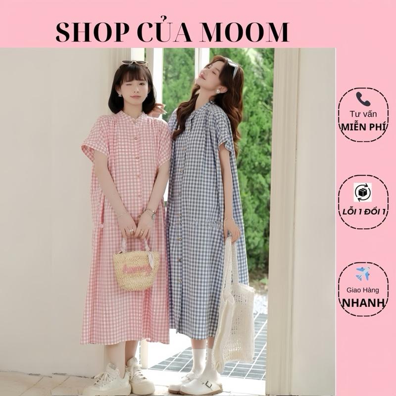 [Nhà Moom] Váy Sơmi Bầu Kẻ Caro Dáng Dài phong cách Trẻ Trung Năng Động