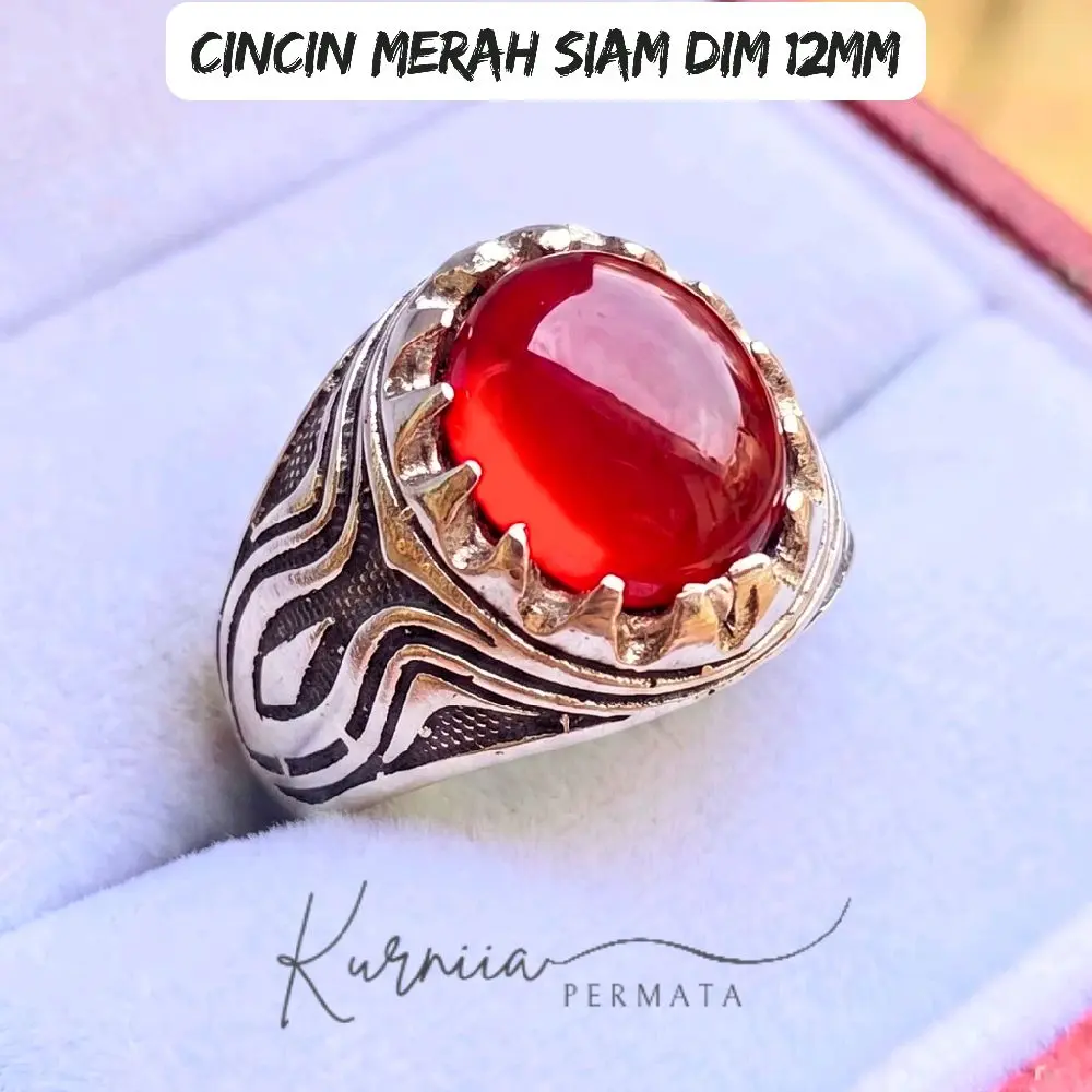Cincin Batu Merah Siam Delima Dim 12mm Rings Akik Alpaka Super Mewah Elegan Anti Karat
