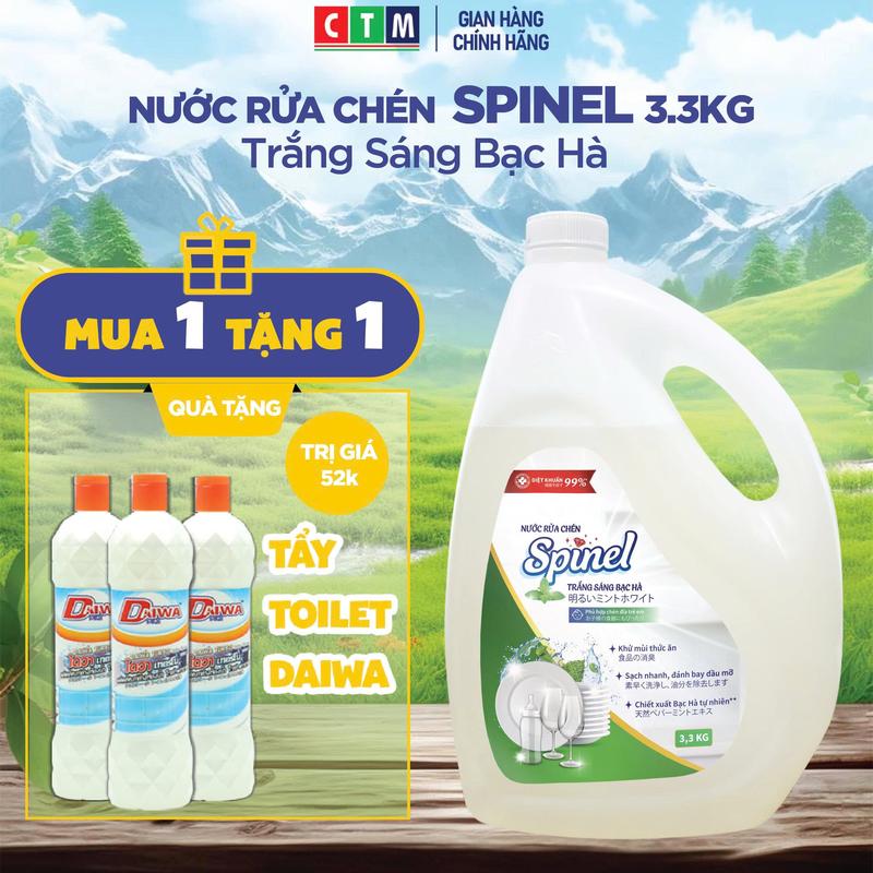 [MUA 1 ĐƯỢC 2] Spinel Nước rửa chén trắng sáng bạc hà 3,3 KG -  sạch nhanh sau 1 lần rửa – rửa được bình sữa em bé