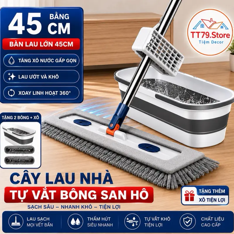 [1 chổi + 2 bông lau Kèm Xô] Cây lau nhà san hô 45x12cm, Tặng 2 Miếng Lau Và Xô Đa Năng - TT79