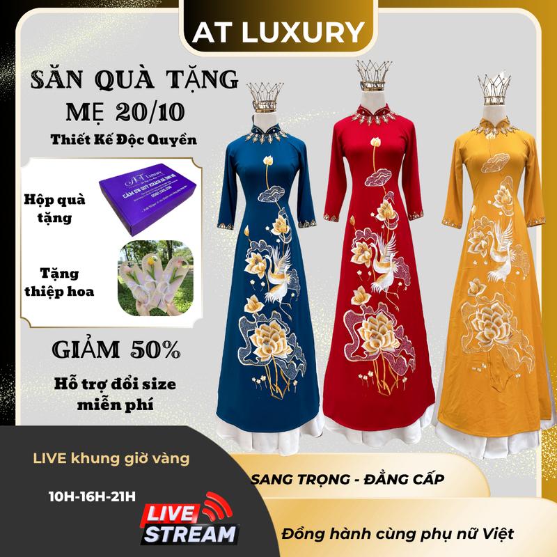 Áo dài mẹ sui thêu hoa sen cổ truyền thống chất liệu vải mango đính kết sang trọng Kem Voan