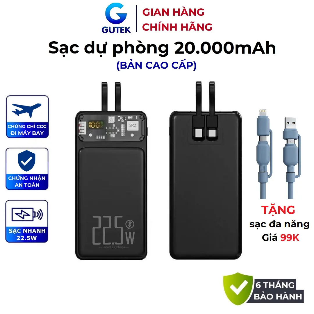 [Tặng sạc 4 trong 1] Pin Sạc dự phòng 20000mah sạc nhanh 22,5W có sẵn dây cho điện thoại - Gutek DX160
